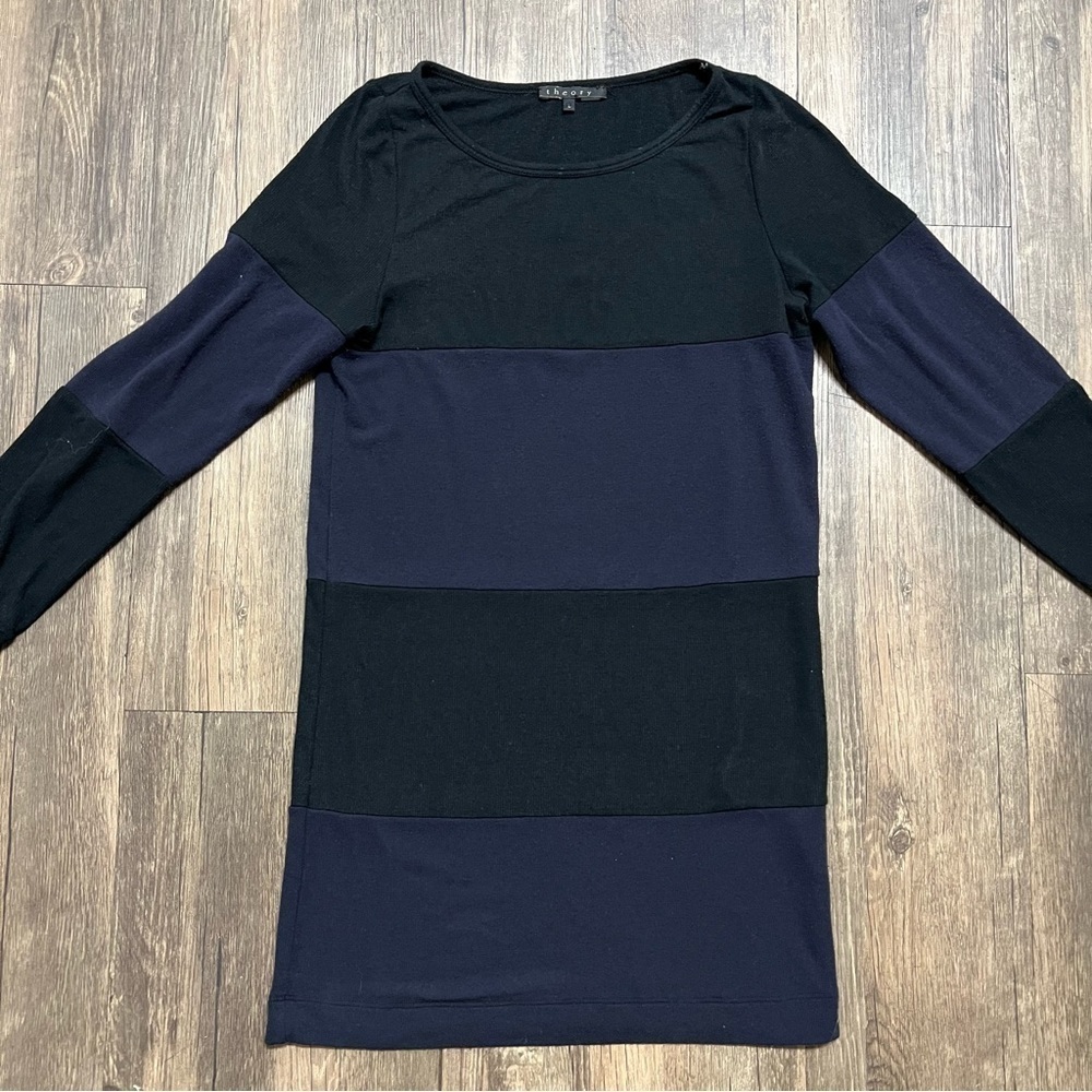 Theory 'Bernetta Black Blue Striped Long Sleeve Crew Neck Top Tee Shirt Size L - Picture 5 of 9